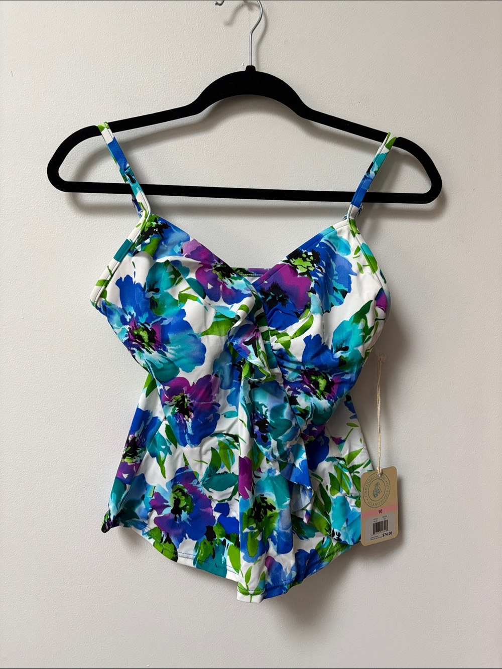Caribbean Joe PARIS IN BLOOM Floral Ruffle Tankini Top,Size 10,NWT